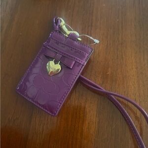 Coach Patent Purple ID Window Cardholder with Lanyard and Gold Heart Charm